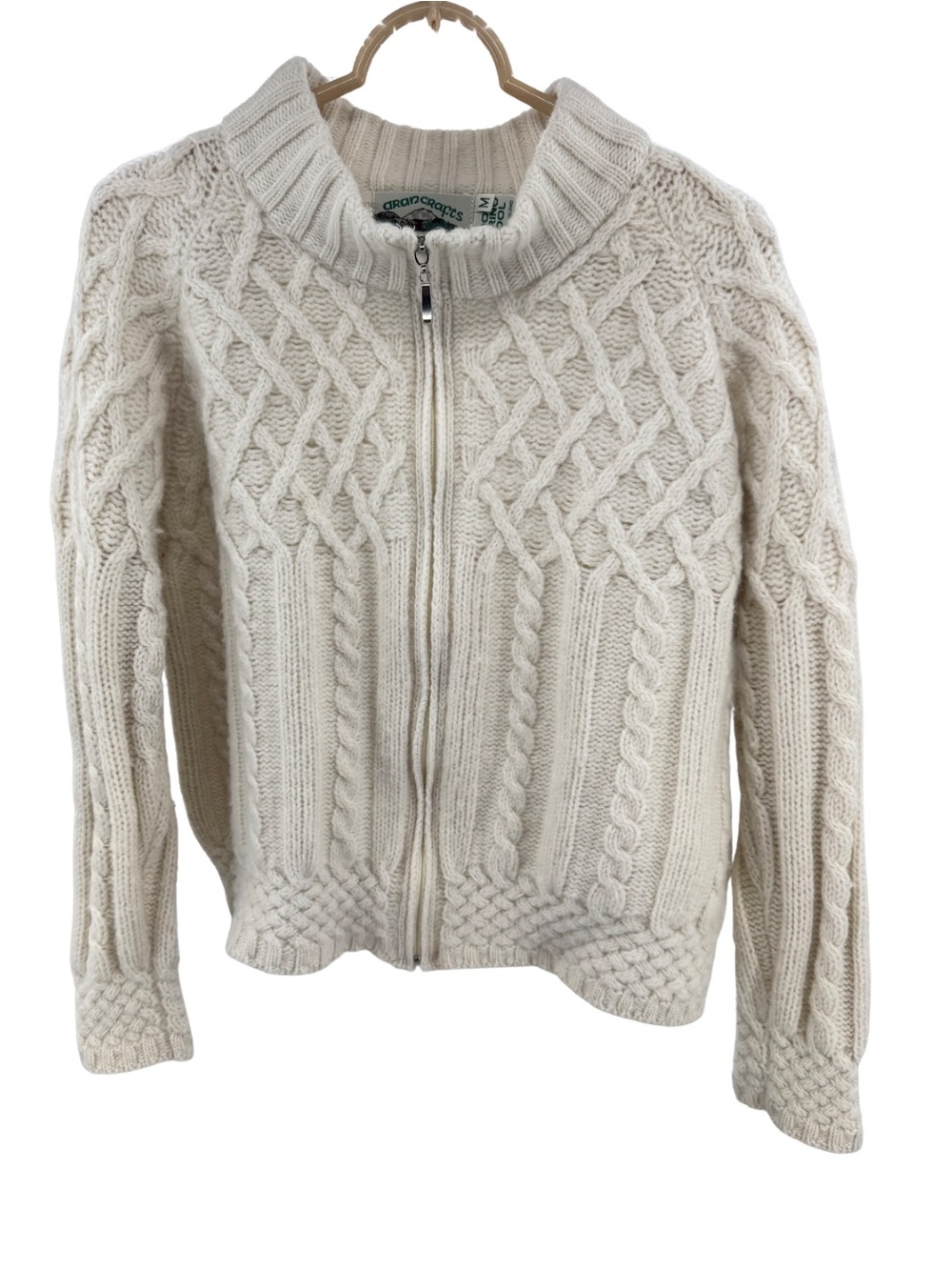 Aran Crafts Cream Cable-Texture Turtleneck zip up cropped cardigan 100% wool M